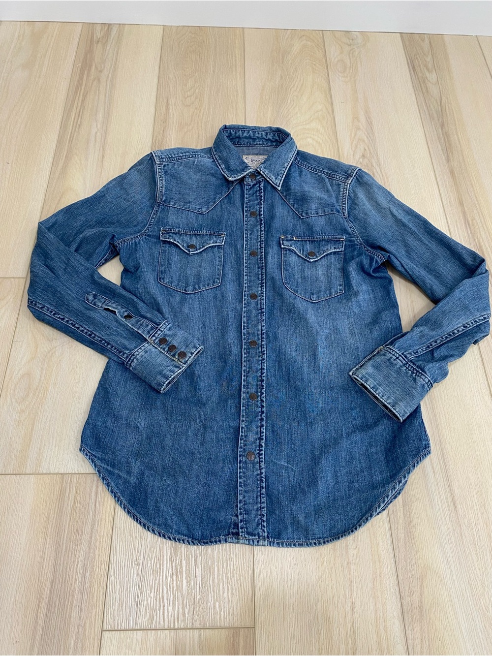 Ralph Lauren Distress Repair Western Shirt Denim Fade Blue Pearl Snap Polo